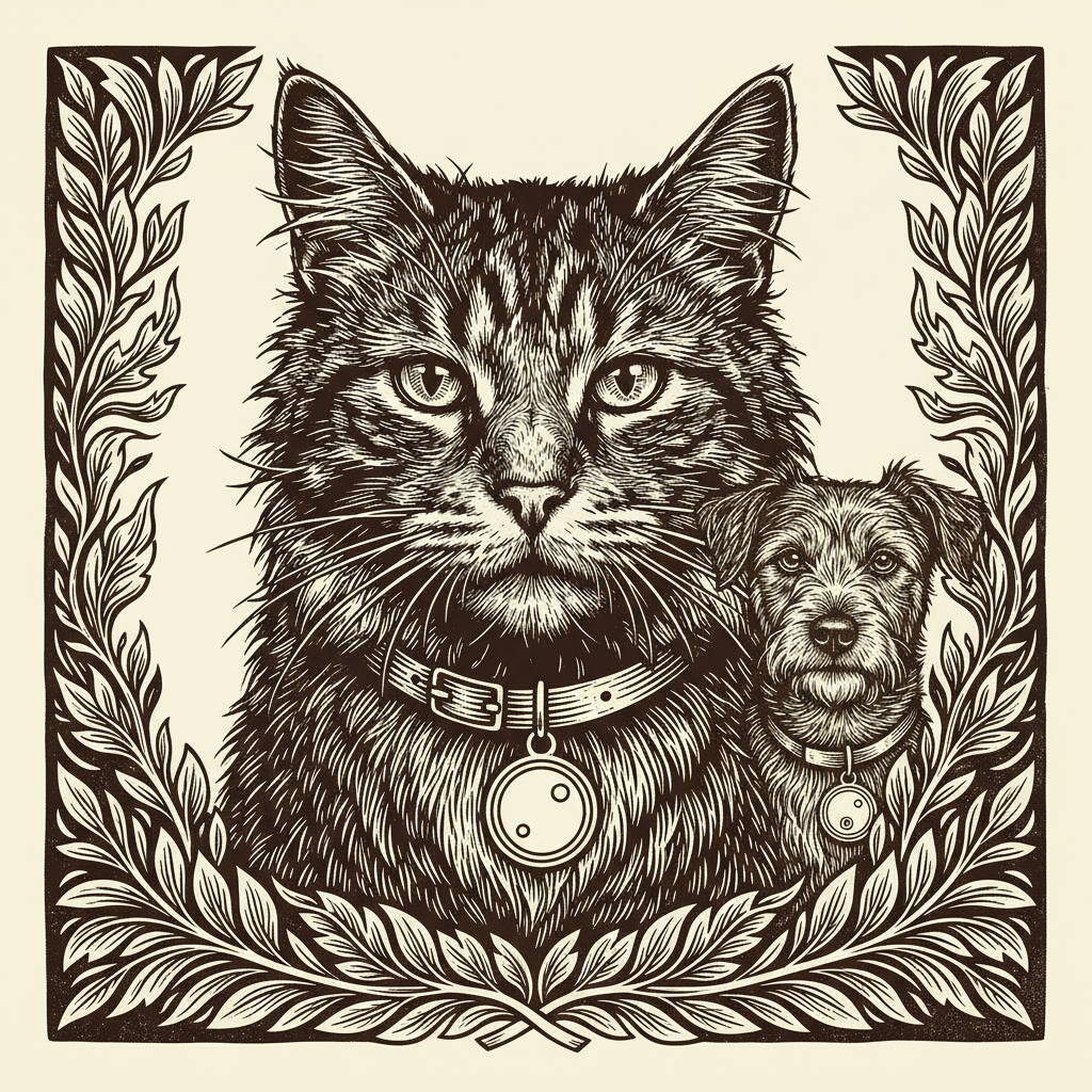 Woodcut illustration of a pet GPS tracker tag on a collar