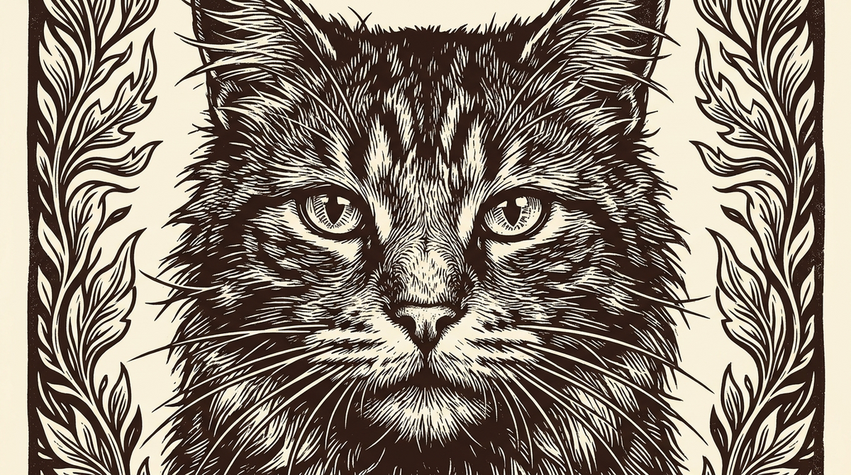 Woodcut illustration of yarn and a cat toy mouse