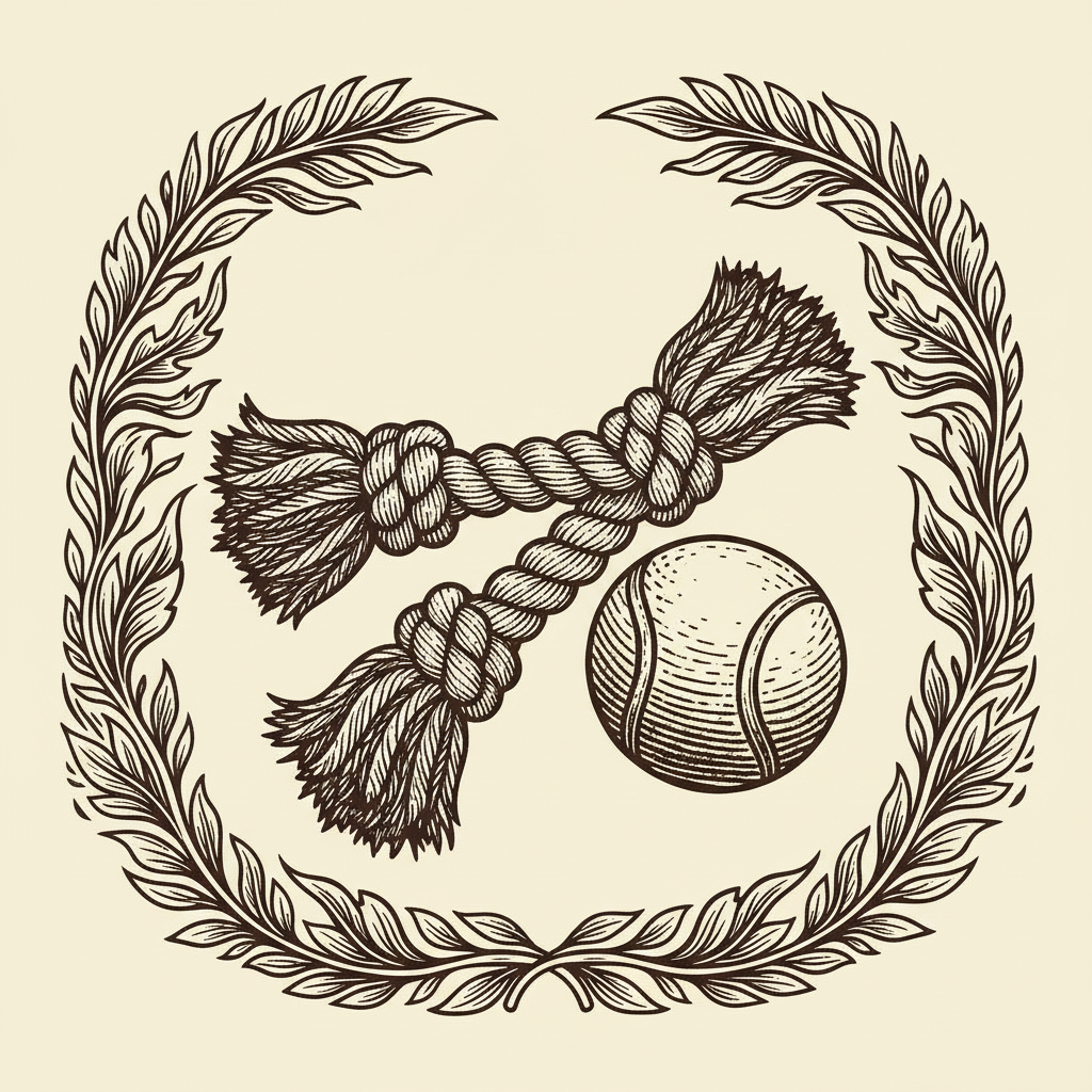 Woodcut illustration of a rope chew toy and rubber ball for dogs