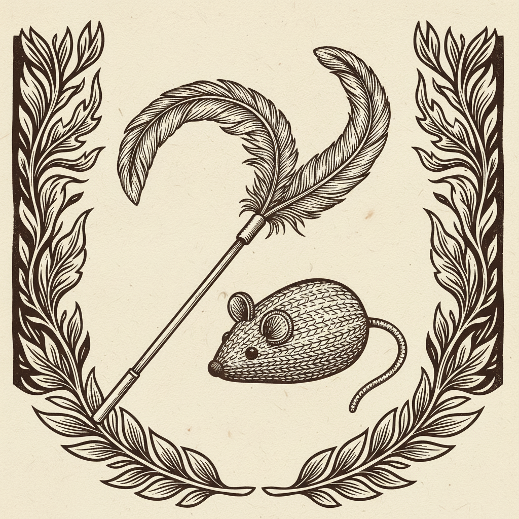 Woodcut illustration of a feather wand and knitted mouse toy for cats