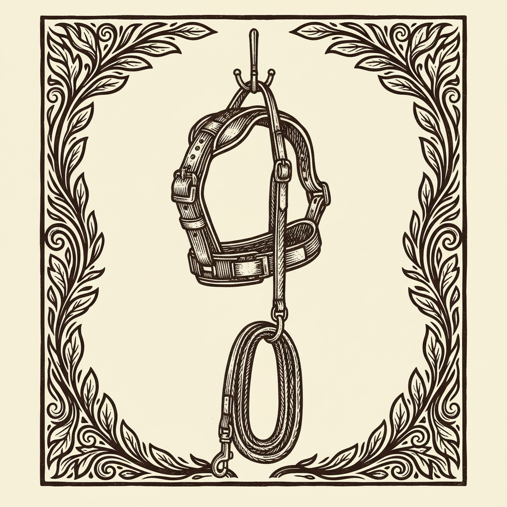 Woodcut illustration of a dog harness and leash