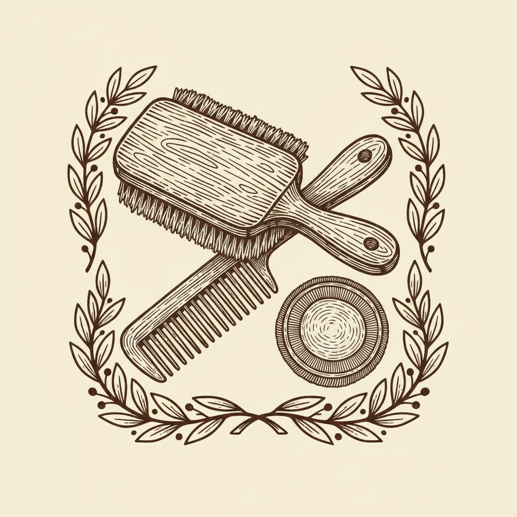 Woodcut illustration of a pet grooming brush and comb