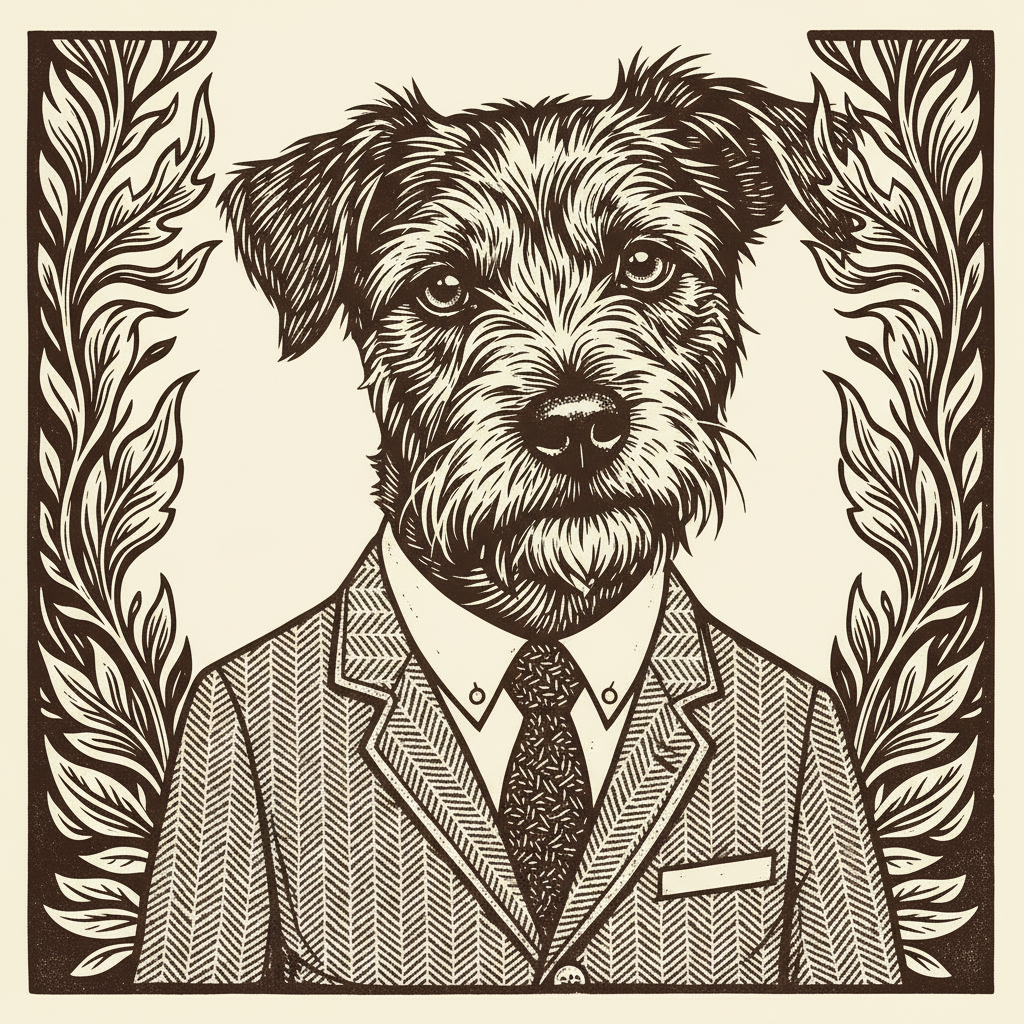 Woodcut illustration of a dog wearing a coat