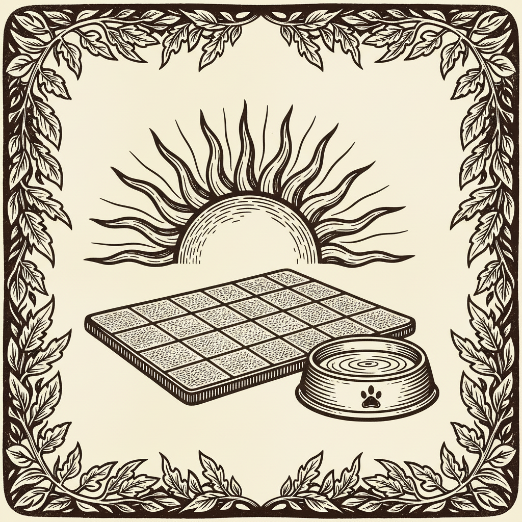 Woodcut illustration of summer pet cooling gear and a water bowl