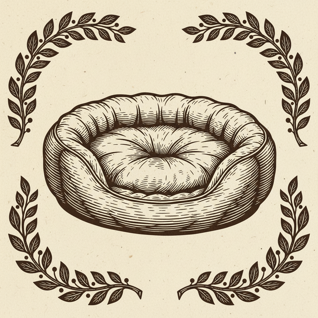 Woodcut illustration of a cozy padded pet bed