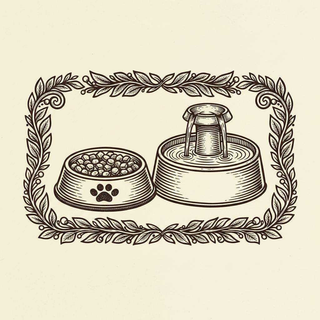 Woodcut illustration of a pet food bowl and water fountain