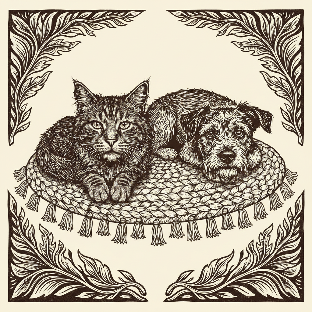 Woodcut illustration of a soft woven pet mat