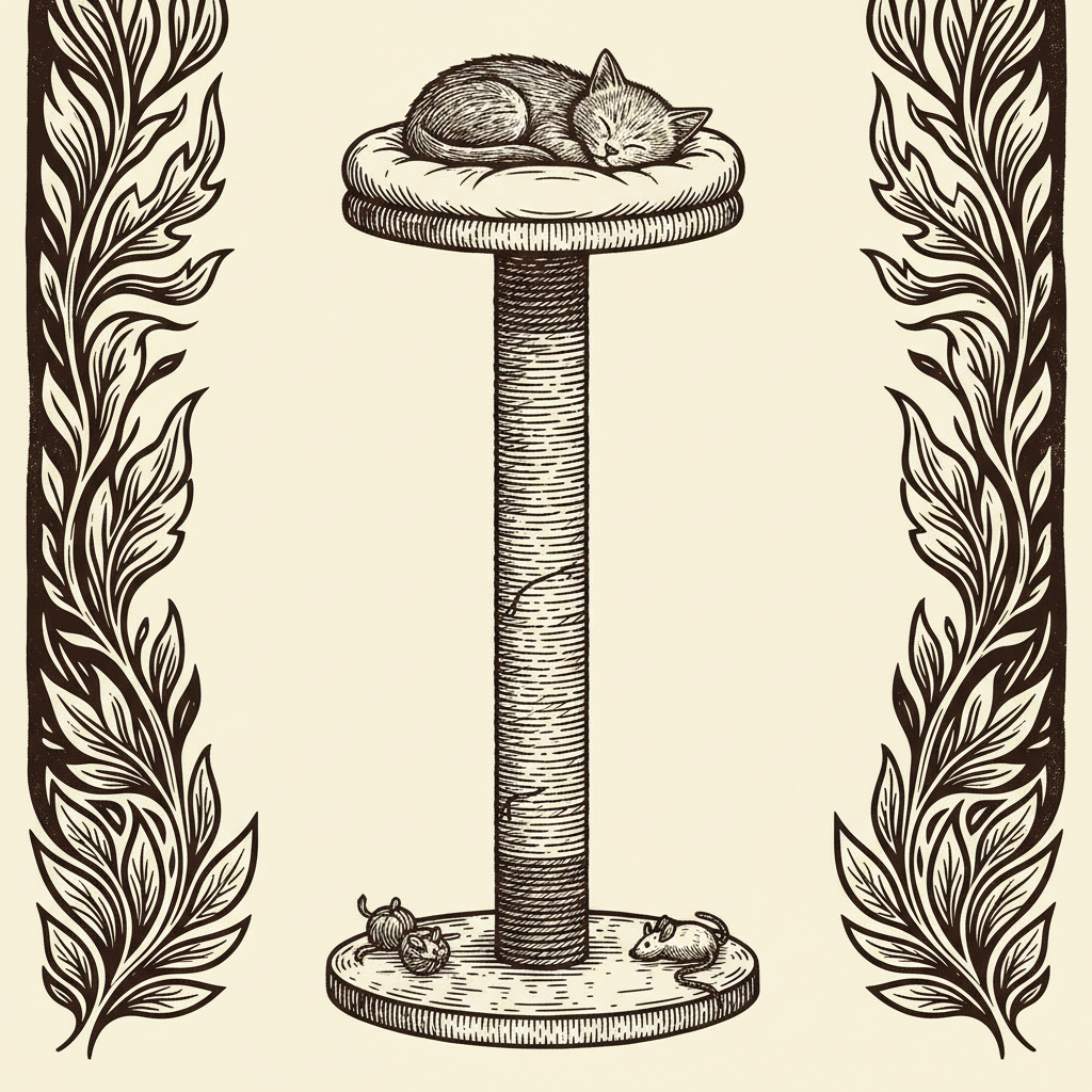 Woodcut illustration of a cat scratching post