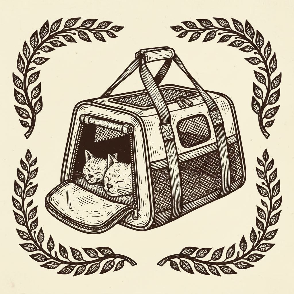 Woodcut illustration of a pet travel carrier bag