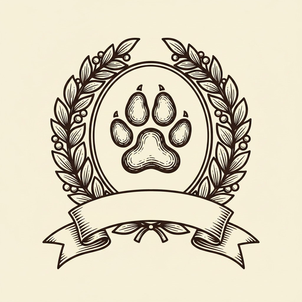 Woodcut laurel badge with a paw print