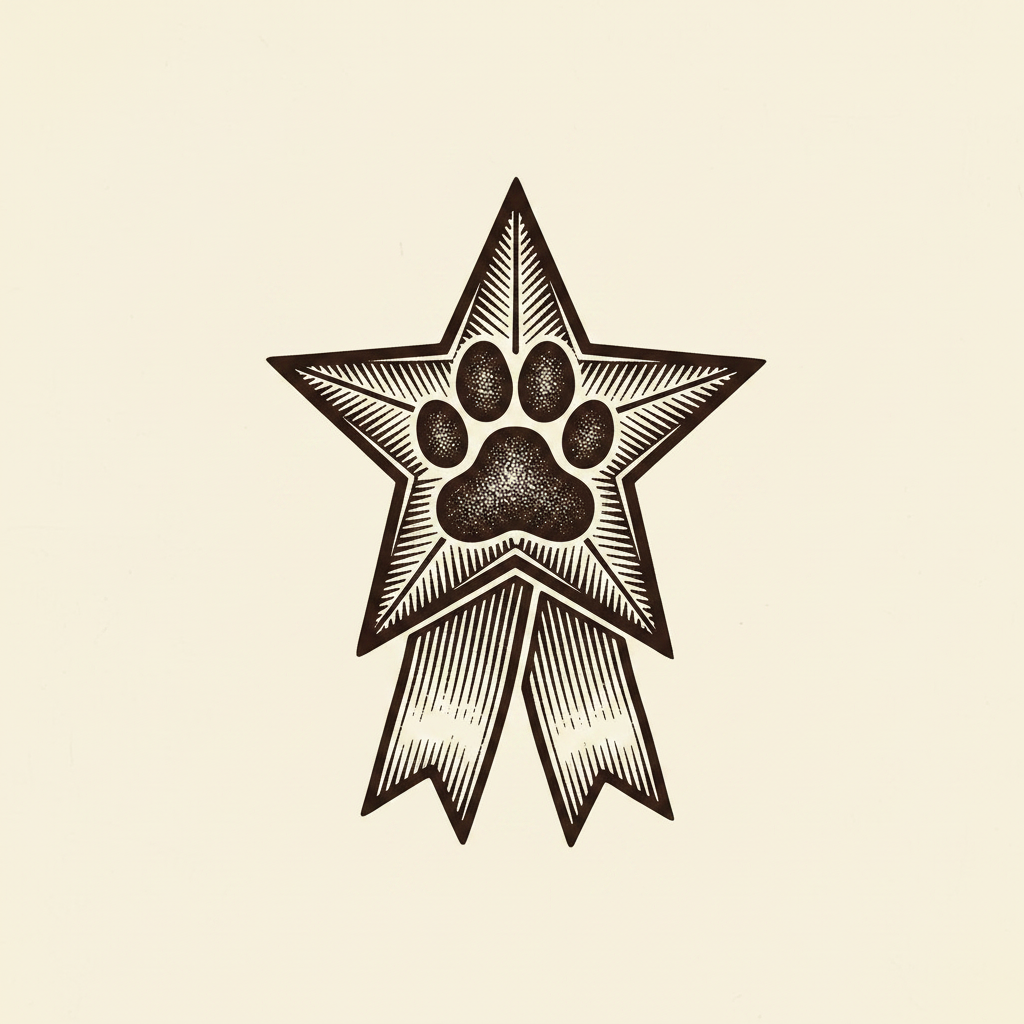 Woodcut star badge with a paw print