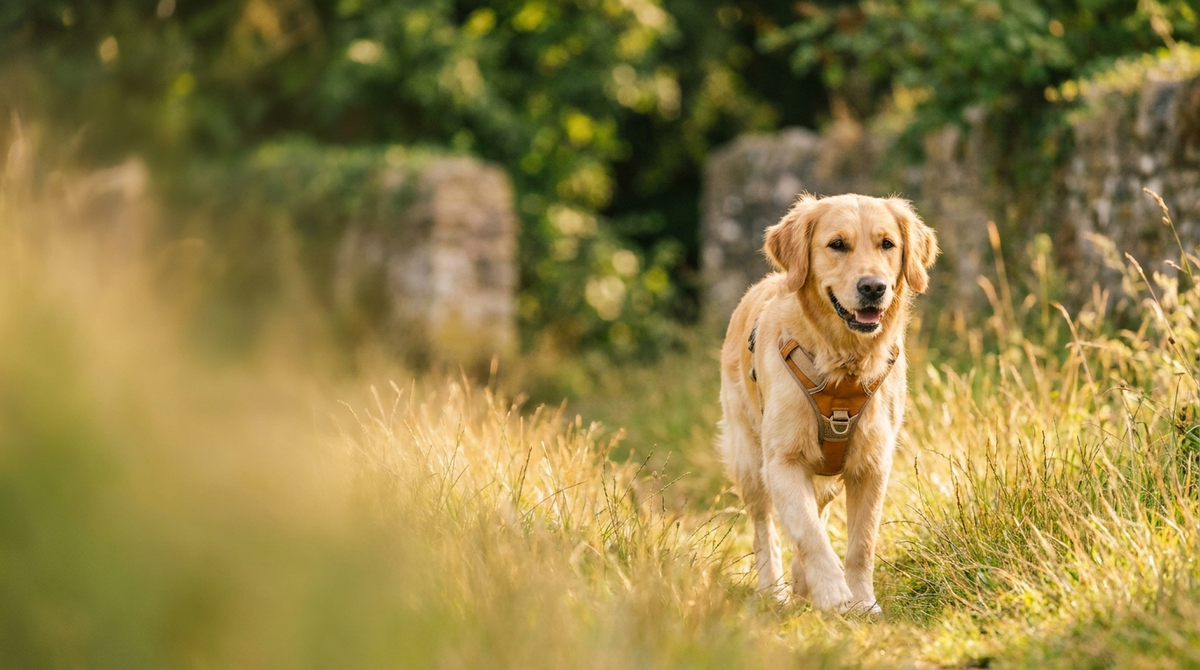 Happy dog on a walk in a sunny park wearing a harness — Walk Essentials collection